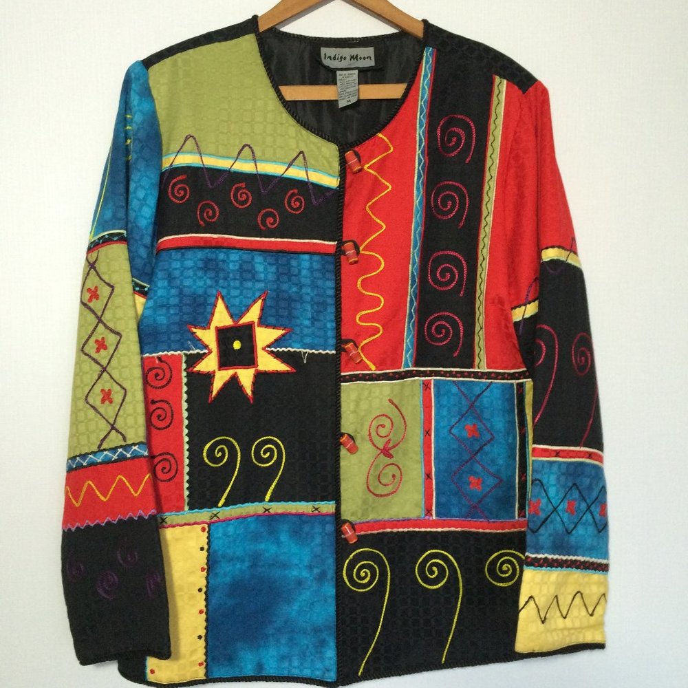 Indigo Moon Womens Multicolor Patchwork Jacket Medium  Embroidery Long Sleeve